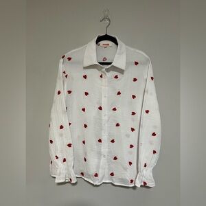 Mazik Cotton Gauze Long Sleeve Button Up Top Size Large Embroidered Hearts